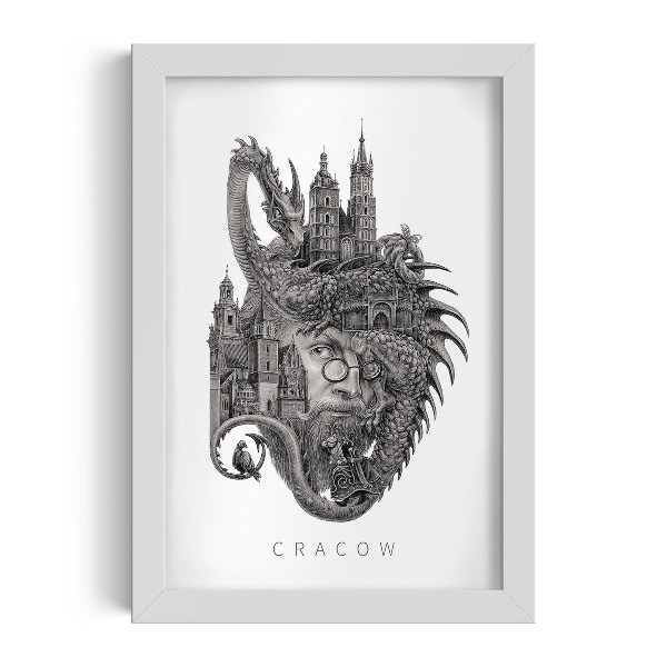 Tableau dans un cadre blanc Cracovie en noir et blanc