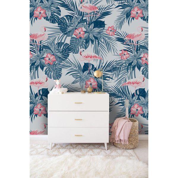 Tapisserie murale Flamants roses dans des feuilles tropicales