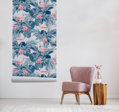 Tapisserie murale Flamants roses dans des feuilles tropicales