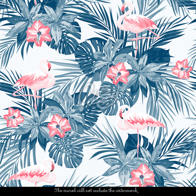 Tapisserie murale Flamants roses dans des feuilles tropicales