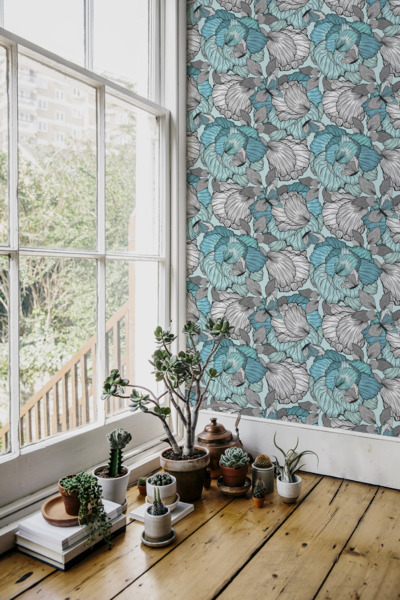 Papier peint Parterre de fleurs turquoise