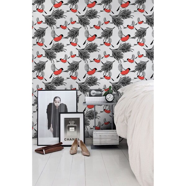 Papier peint Bouvreuils rouges dans des cônes