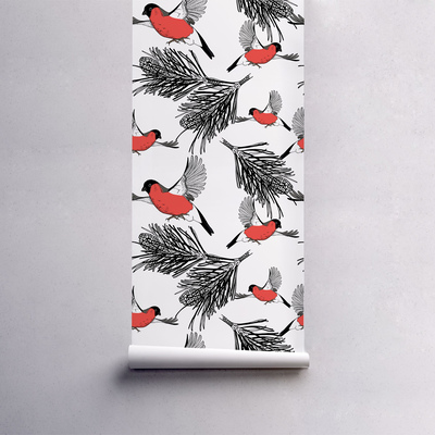 Papier peint Bouvreuils rouges dans des cônes