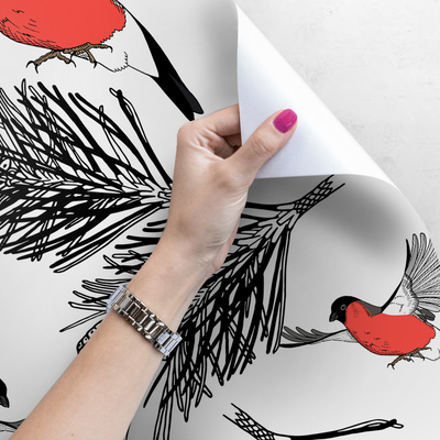 Papier peint Bouvreuils rouges dans des cônes