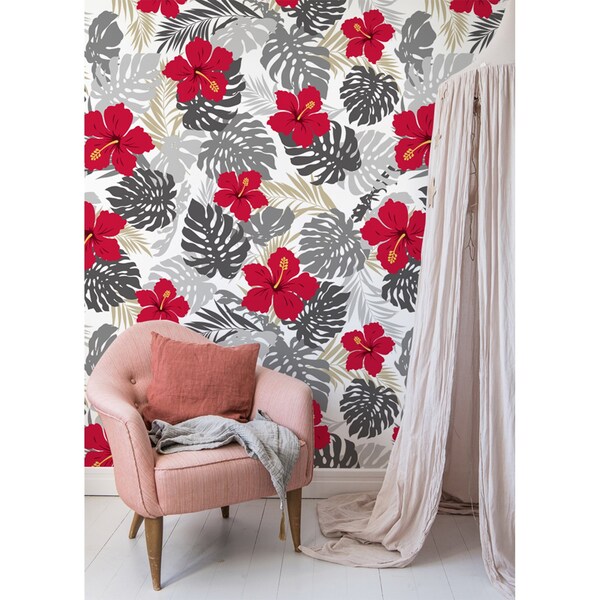 Papier peint adhésif Hibiscus parmi Monstera