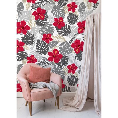 Papier peint adhésif Hibiscus parmi Monstera