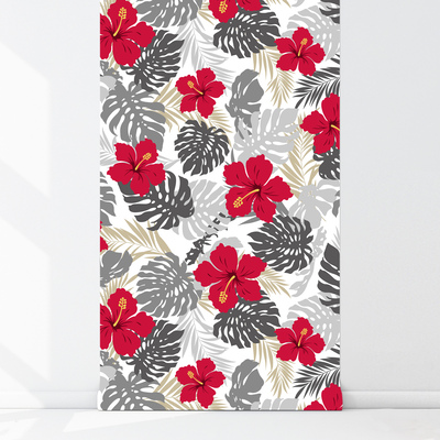 Papier peint adhésif Hibiscus parmi Monstera