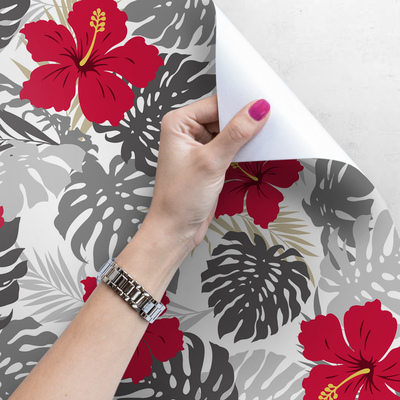 Papier peint adhésif Hibiscus parmi Monstera