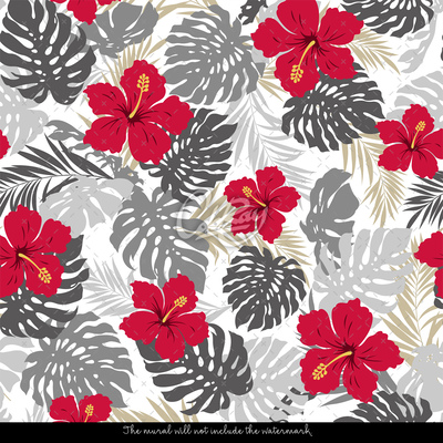 Papier peint adhésif Hibiscus parmi Monstera