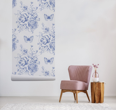 Tapisserie panoramique Roses et papillons romantiques