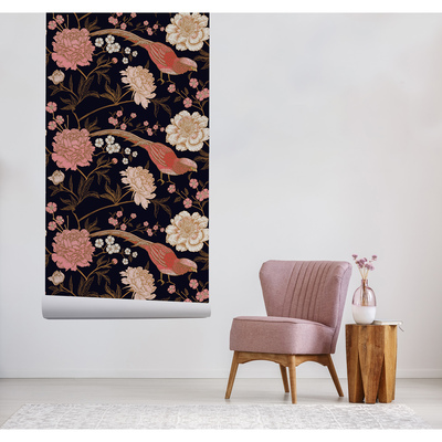 Tapisserie murale Voici une radio d'oiseaux dans un bosquet fleuri