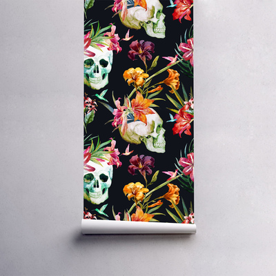 Papier peint Crânes parmi les fleurs