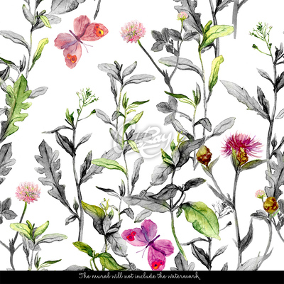 Papier peint panoramique Une prairie pleine de papillons et de fleurs