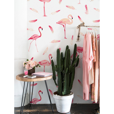 Tapisserie murale Flamants roses et plumes