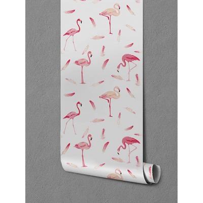Tapisserie murale Flamants roses et plumes