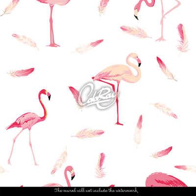 Tapisserie murale Flamants roses et plumes