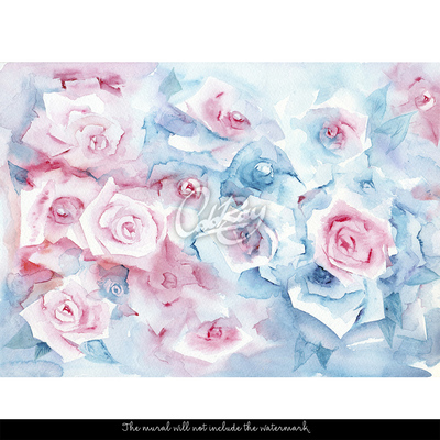 Tapisserie murale Fleurs pastel bleues et roses