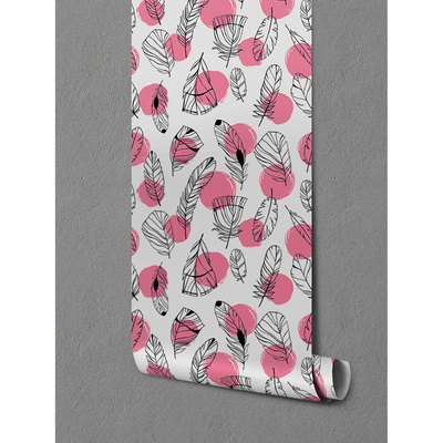 Tapisserie panoramique Plumes à pois roses