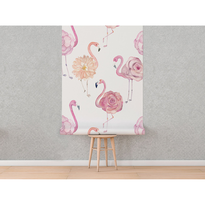 Papier peint Flamants roses pataugeant dans les fleurs sauvages