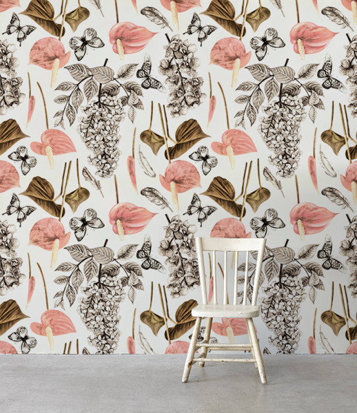 Tapisserie murale Fleurs de printemps et papillons