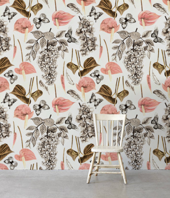 Tapisserie murale Fleurs de printemps et papillons