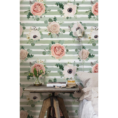 Papier peint Roses sur fond rayé