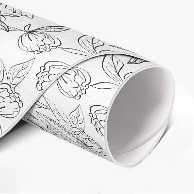 Tapis rond en vinyle Croquis vintage de fleur et de feuille de pivoine