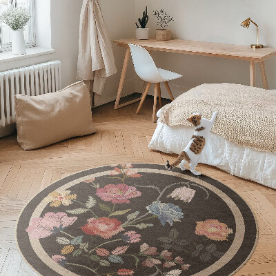 Tapis rond en vinyle Fleurs colorées brodées