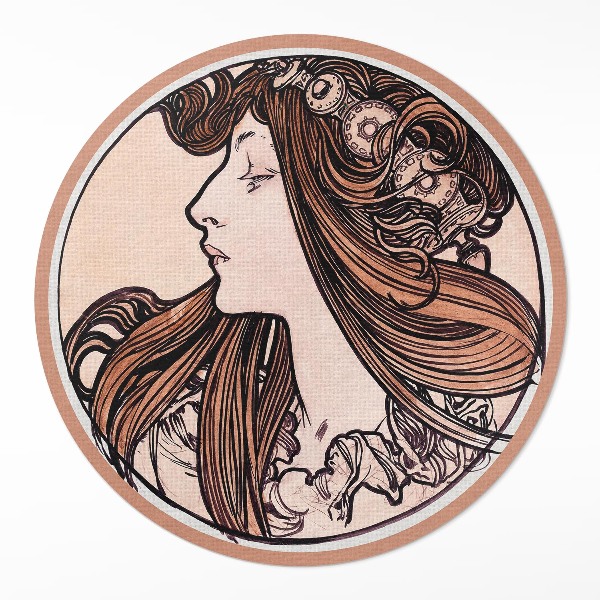 Tapis rond en vinyle Vitrail avec une femme d'Alfons Mucha