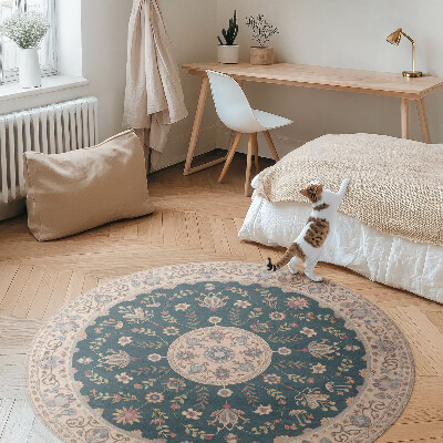 Tapis rond en vinyle Ornement avec fleurs et feuilles, motif vintage