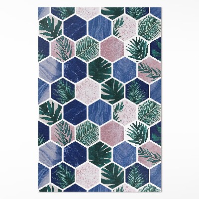 Tapis vinyle rectangulaire Carreaux hexagonaux avec motifs végétaux et pierres