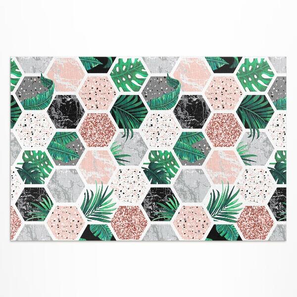 Tapis vinyle d’extérieur Hexagones tropicaux de plantes et de pierres