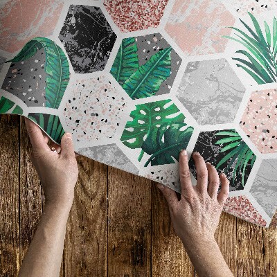 Tapis vinyle d’extérieur Hexagones tropicaux de plantes et de pierres