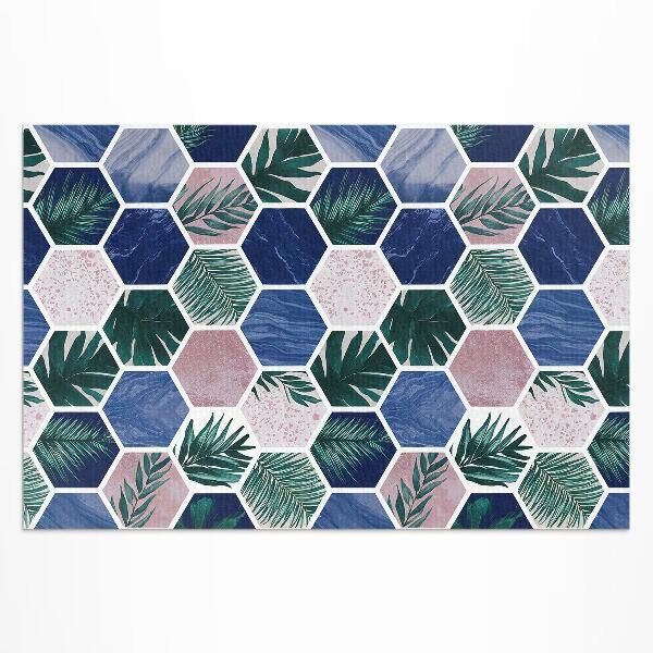 Tapis vinyle d’extérieur Carreaux hexagonaux avec motifs végétaux et pierres