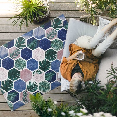 Tapis vinyle d’extérieur Carreaux hexagonaux avec motifs végétaux et pierres