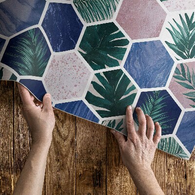 Tapis vinyle d’extérieur Carreaux hexagonaux avec motifs végétaux et pierres