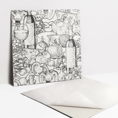 Carreaux de vinyle Un motif avec une bouteille de vin et des légumes