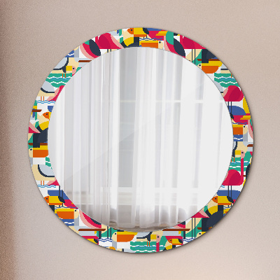 Miroir rond avec décoration Oiseaux tropicaux géométriques