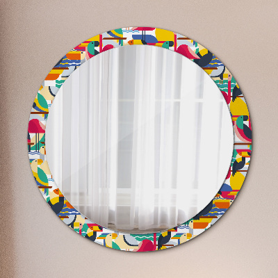 Miroir rond avec décoration Oiseaux tropicaux géométriques