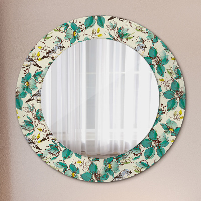 Miroir rond avec décoration Fleurs et oiseaux
