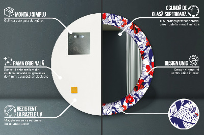 Miroir rond avec décoration Philodendron et fleurs rouges