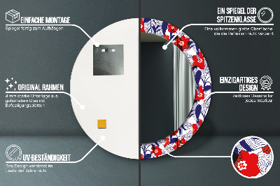 Miroir rond avec décoration Philodendron et fleurs rouges