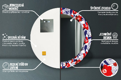 Miroir rond avec décoration Philodendron et fleurs rouges