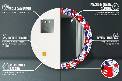 Miroir rond avec décoration Philodendron et fleurs rouges