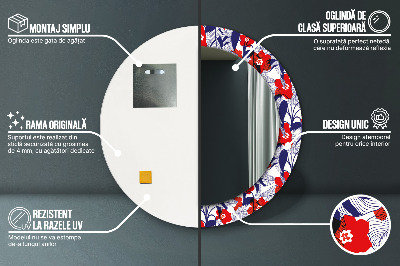 Miroir rond avec décoration Philodendron et fleurs rouges