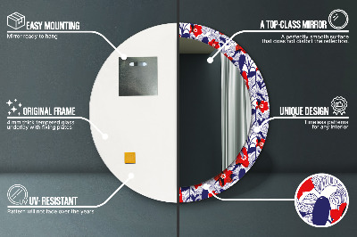 Miroir rond avec décoration Philodendron et fleurs rouges