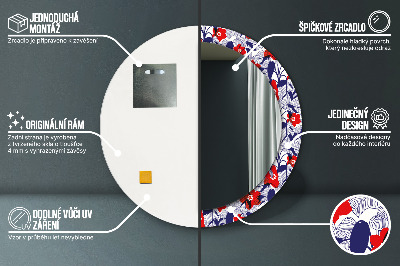 Miroir rond avec décoration Philodendron et fleurs rouges