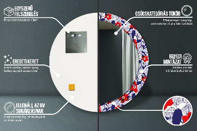 Miroir rond avec décoration Philodendron et fleurs rouges