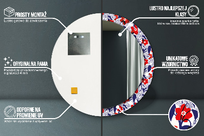 Miroir rond avec décoration Philodendron et fleurs rouges