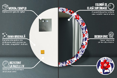 Miroir rond avec décoration Philodendron et fleurs rouges